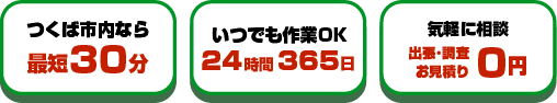 宇都宮市内なら最短30分　いつでも作業OK　24時間365日　気軽に相談　出張･調査お見積り0円